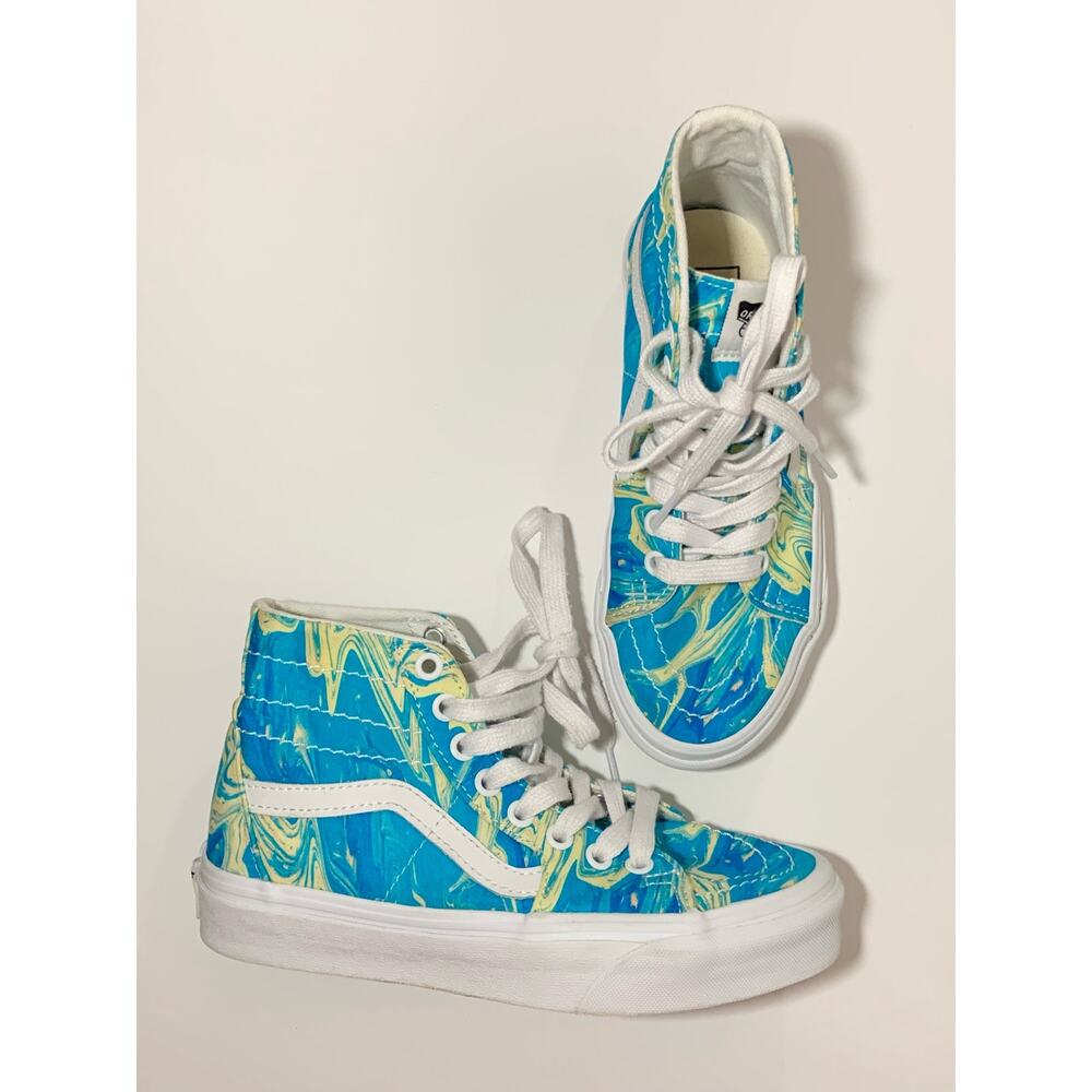 Vans High Top Skate Shoes Blue Yellow Swirl Wmz Size 5 Mens 3.5 Worn Once